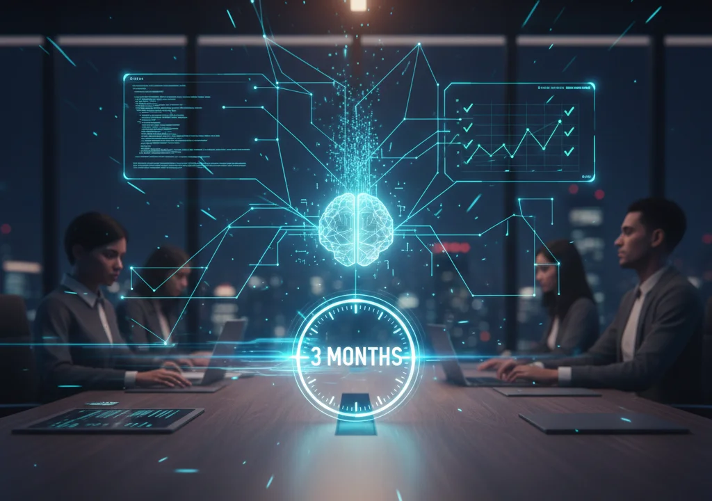 A futuristic digital dashboard on a boardroom table showing a glowing holographic clock and data stream, illustrating the compression of a three-month project timeline into a high-velocity workflow through AI and automation.