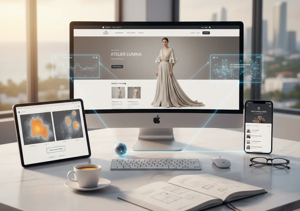 A premium workspace featuring a high-resolution desktop monitor displaying a luxury fashion storefront, a tablet showing SEO heatmaps, and a smartphone with a high-end mobile app, all connected by glowing digital data nodes to represent luxury UX and digital discovery strategy