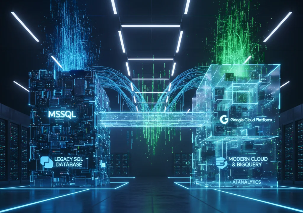 A cinematic visualization of a modern data center where a glowing, monolithic legacy SQL database on the left is being transformed into a sleek, transparent Google Cloud and BigQuery architecture on the right, connected by high-velocity digital data streams.