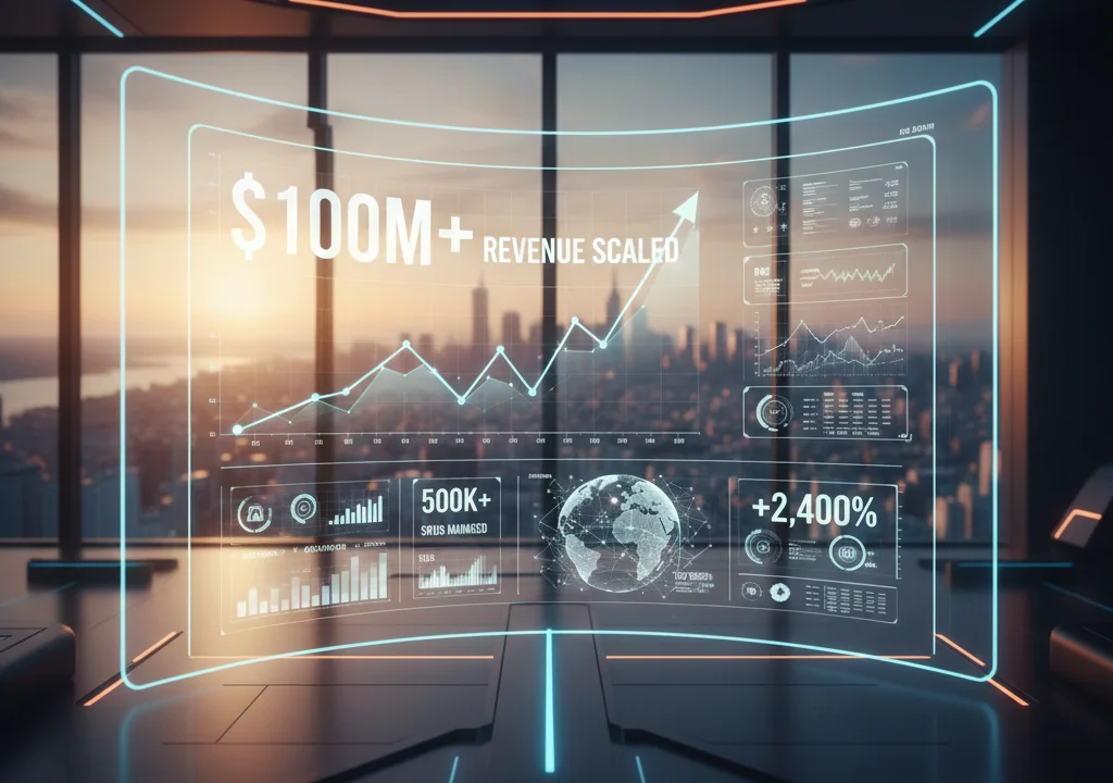 A sleek, cinematic digital interface in a modern high-rise office displaying a glowing $100M+ revenue growth chart, global marketplace metrics, and a 500K+ SKU catalog management indicator over a sunset city skyline.