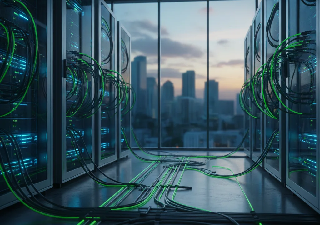A high-tech data center interior featuring server racks with glowing green fiber optic cables leading toward a floor-to-ceiling window that reveals a soft sunset over a city skyline.