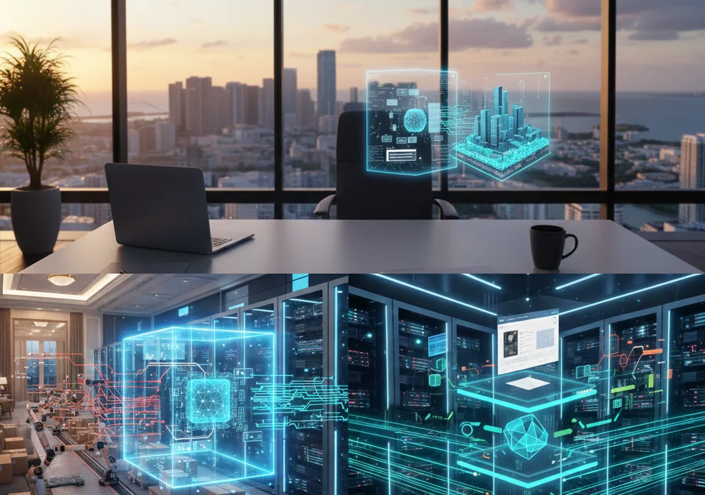 A high-end executive office desk in Miami at sunset featuring holographic data visualizations of a neural brain and digital city architecture, symbolizing strategic e-commerce vision and technical logic.