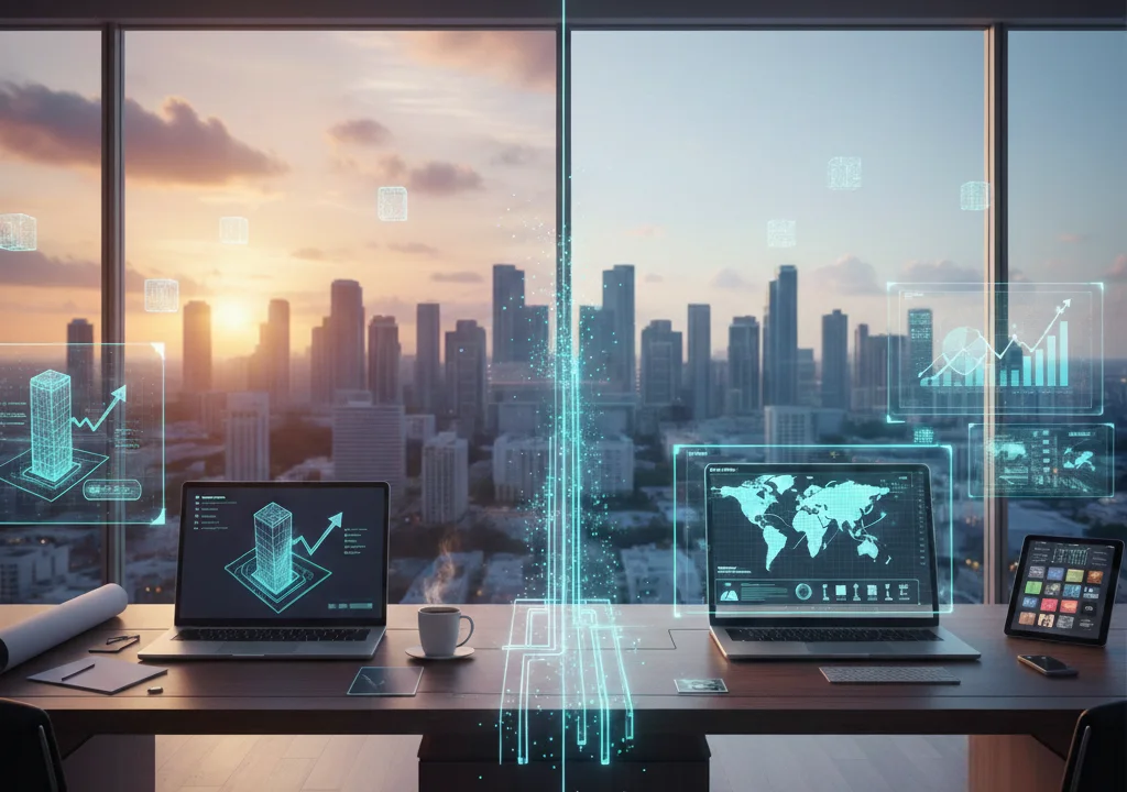 A split-screen visualization in a luxury office setting showing a laptop with startup growth metrics on the left transitioning into a global enterprise dashboard with a world map and complex data analytics on the right, overlooking a city skyline.